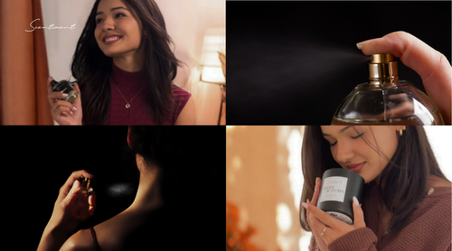 A girl holding a collection of luxurious fragrance bottles, showcasing the art of layering scents to craft a signature, one-of-a-kind aroma.