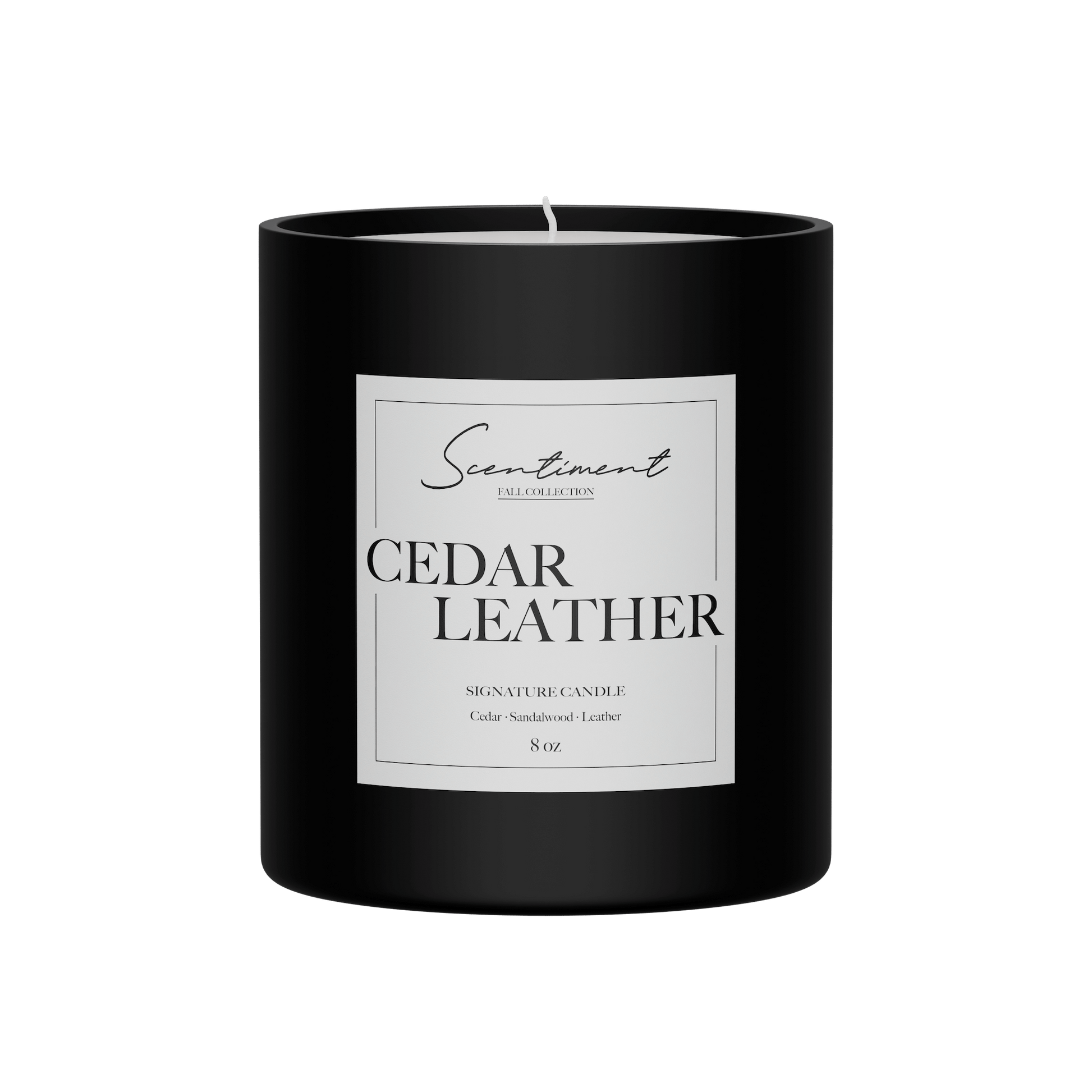 Cedar Leather Candle 8oz with notes of Cedar, Lemon, Jasmine