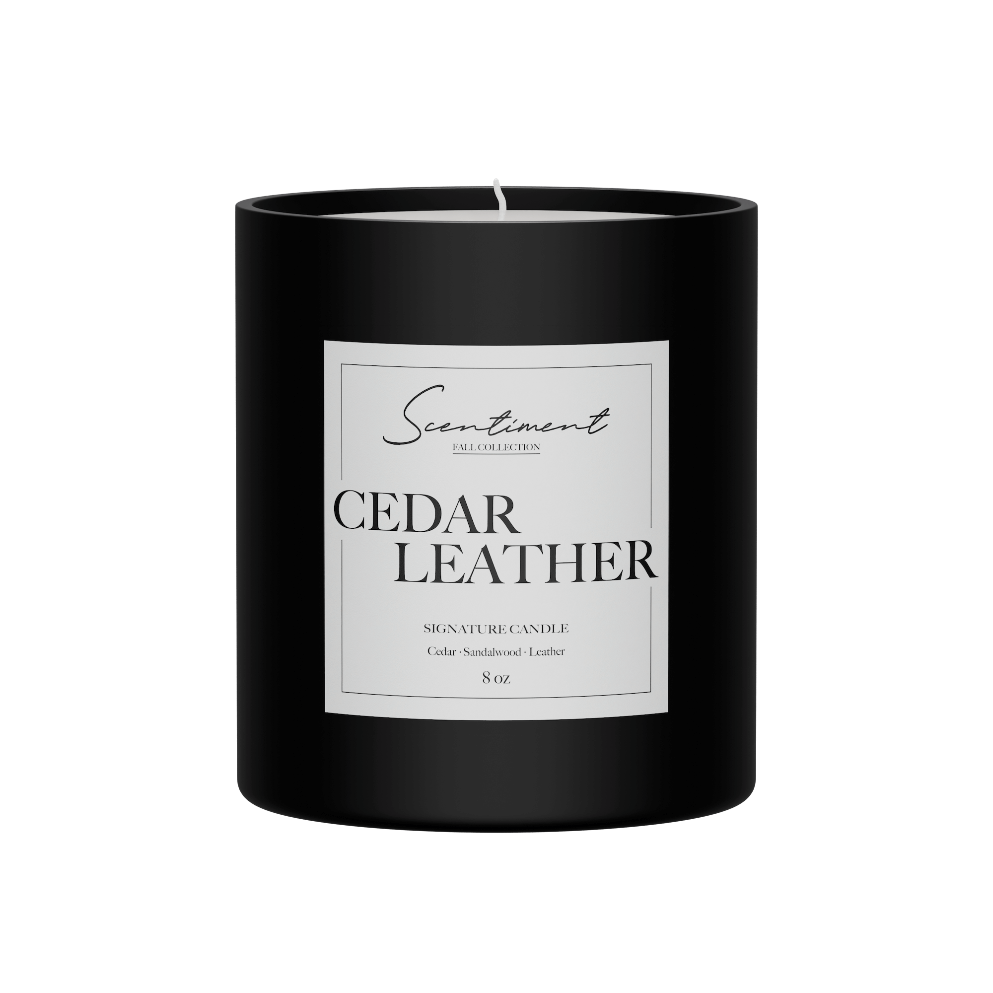 Cedar Leather Candle 8oz with notes of Cedar, Lemon, Jasmine