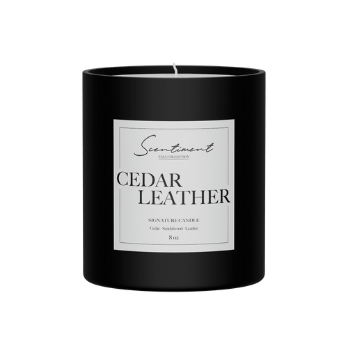 Cedar Leather Candle 8oz with notes of Cedar, Lemon, Jasmine