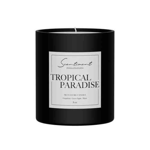 Tropical Paradise Candle 8oz Signature Candle with notes of Grapefruit, Green Apple, Cucumber, Melon, Ozone, Damascena Rose, Lily of the Valley, Blond Woods, Musk