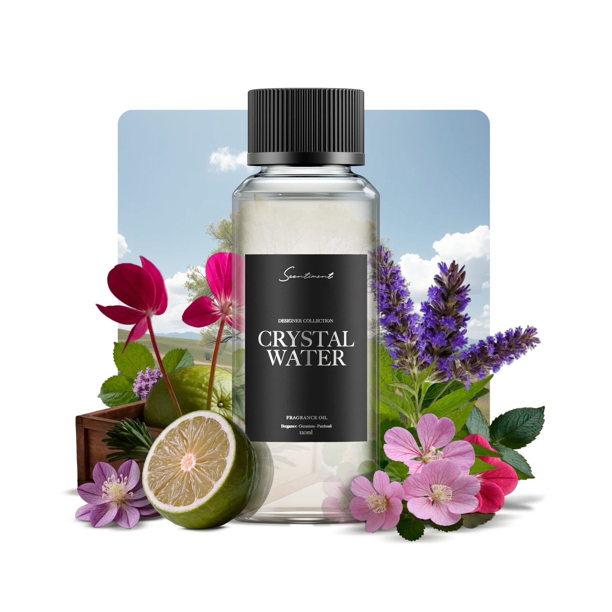 Crystal Water, inspired by Aqua Di Gio®, with notes of Bergamot, Geranium, and Patchouli