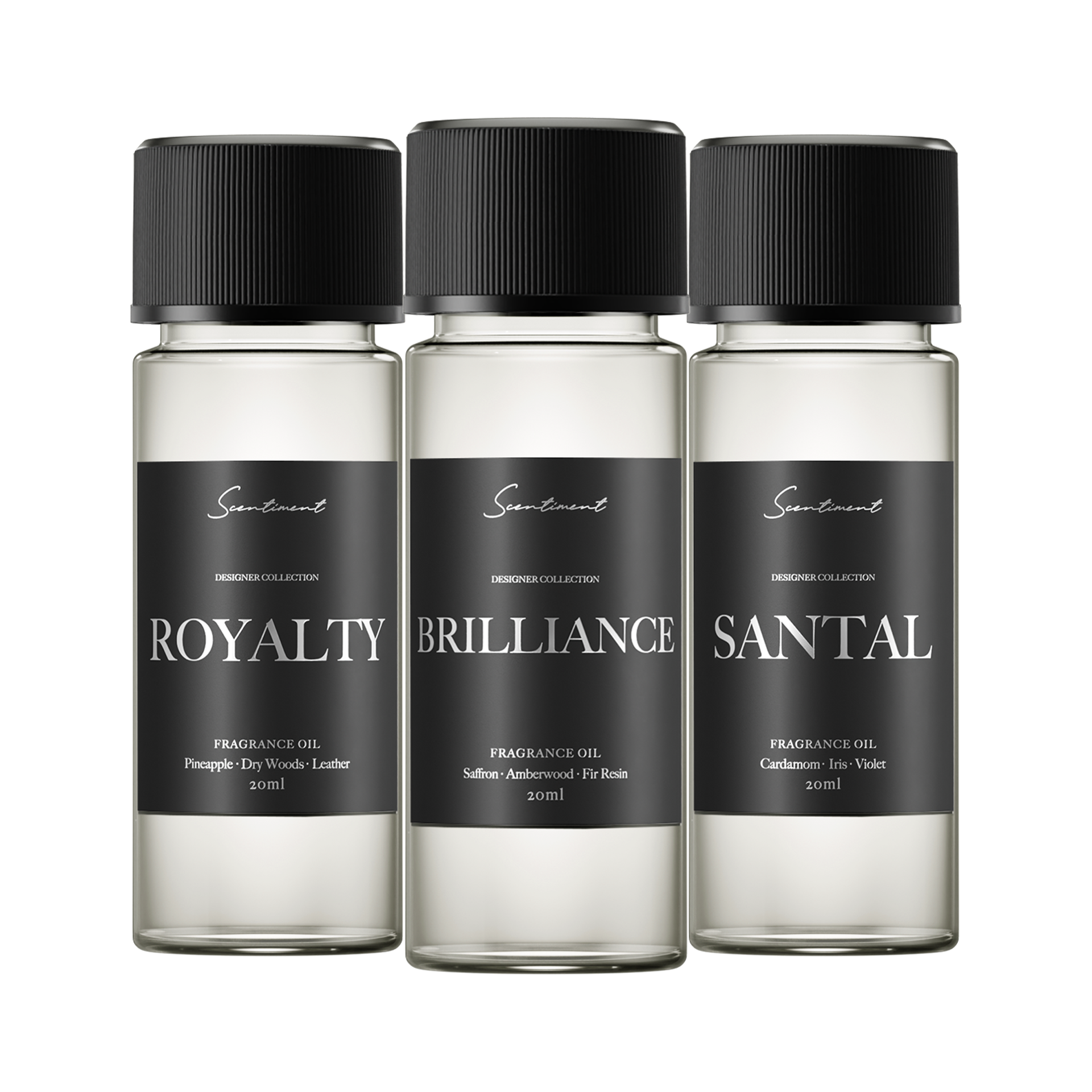 Top 3 Designer Scents Sample Discovery Set: 1. Brilliance Inspired by Baccarat Rouge 540 2. Royalty Inspired by Creed® Aventus 3. Santal Inspired by Le Labo® Santal 33