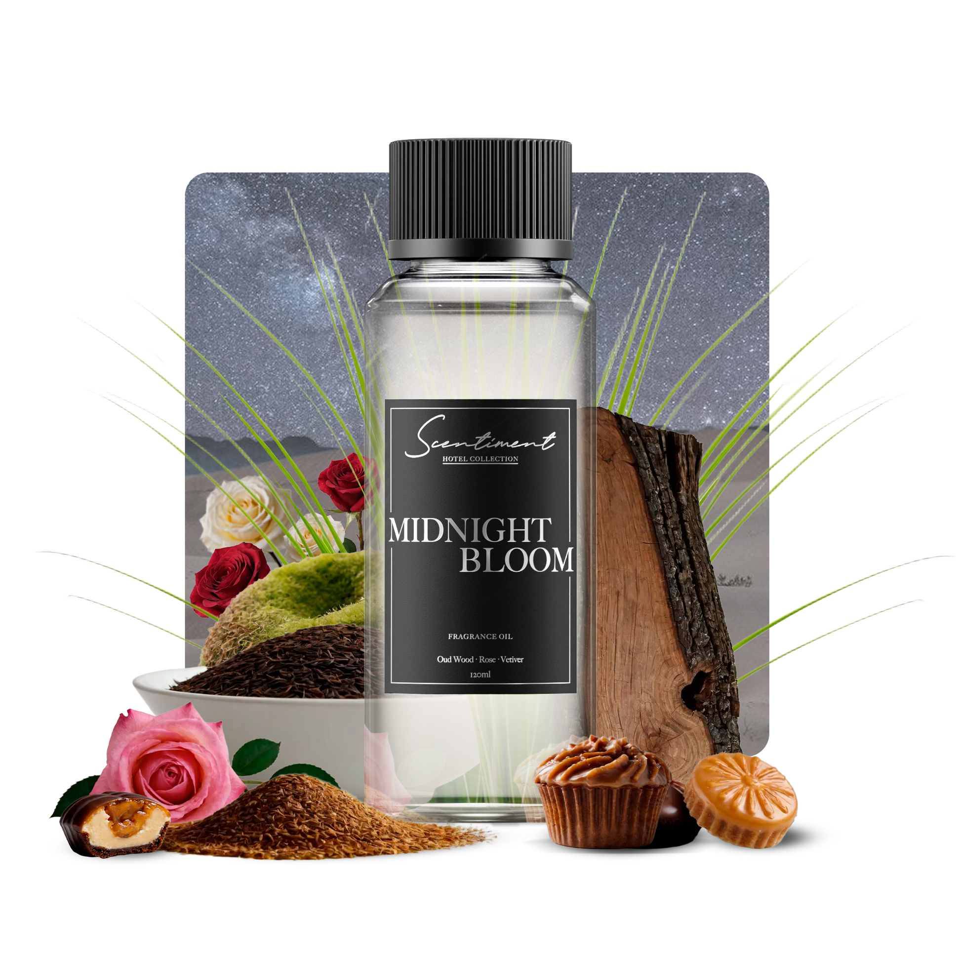 Midnight Bloom Fragrance Oil, inspired by Fairmont Hotels & Resort®, with notes of Oud Wood, Rose, and Vetiver.