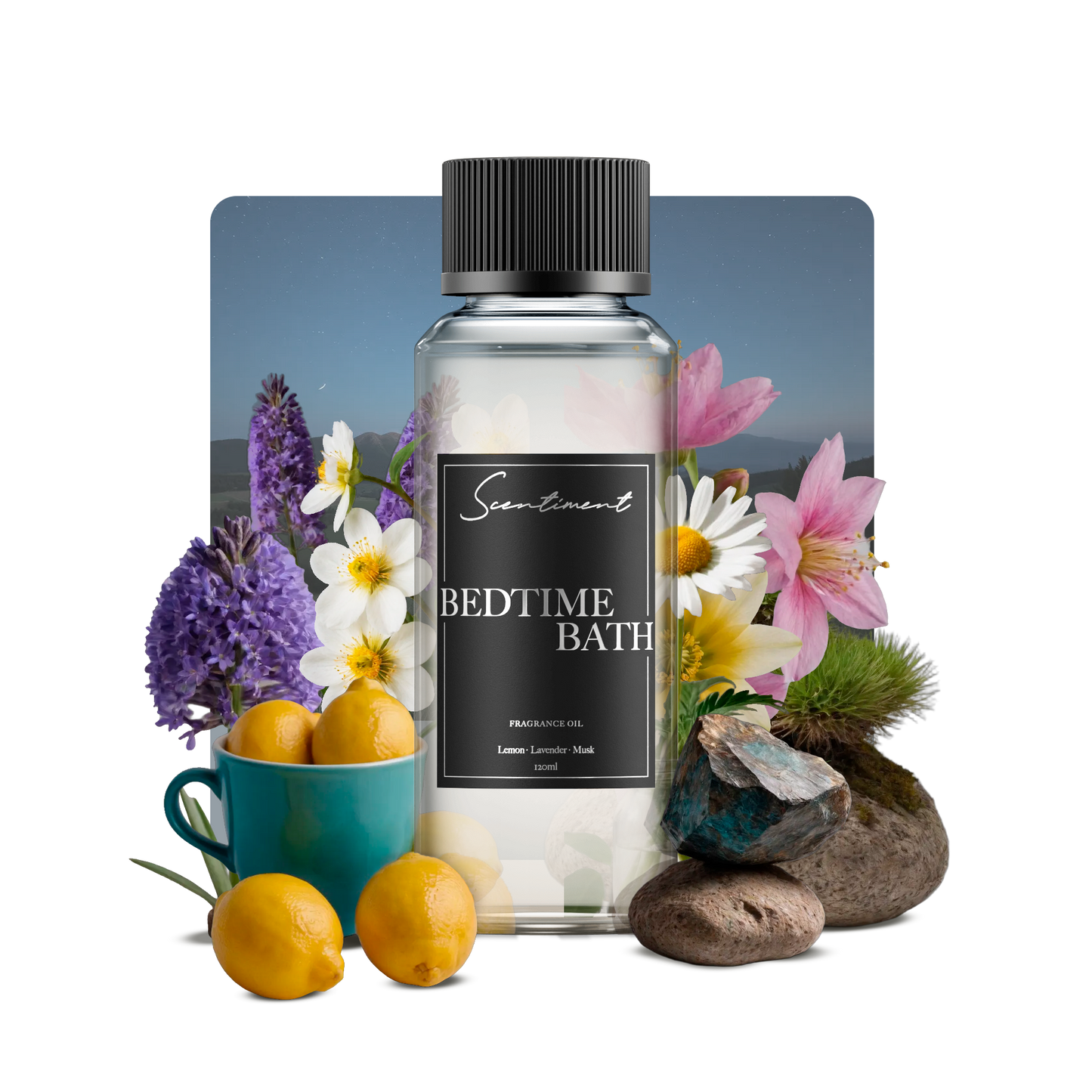 Bedtime Bath Fragrance Oil, with notes of Lemon, Lavender, and Musk.