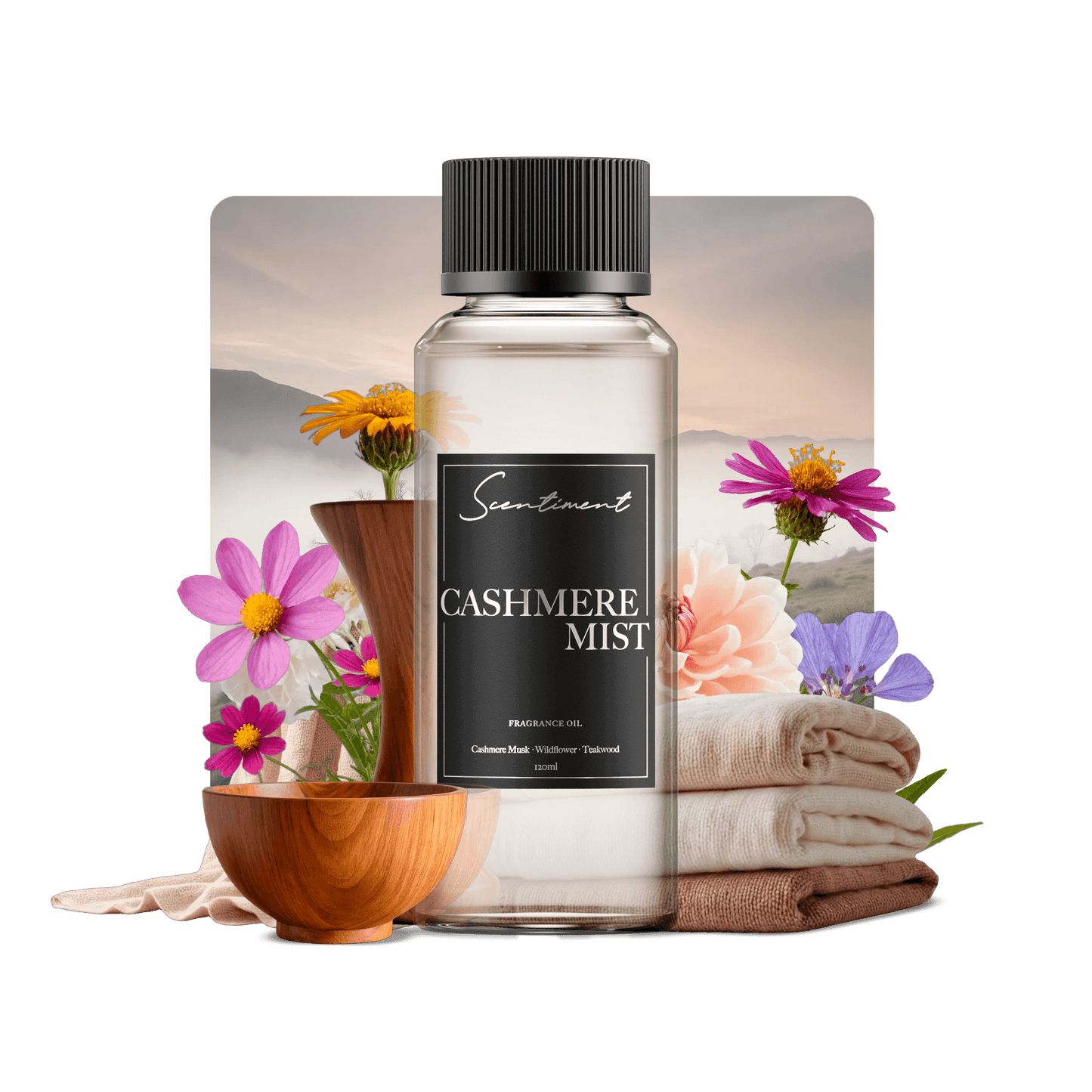 Cashmere Mist Fragrance Oil with notes of Crisp Cypress, Tree Moss, Wildflower, Cashmere Musk, Sweet Earth, Teakwood