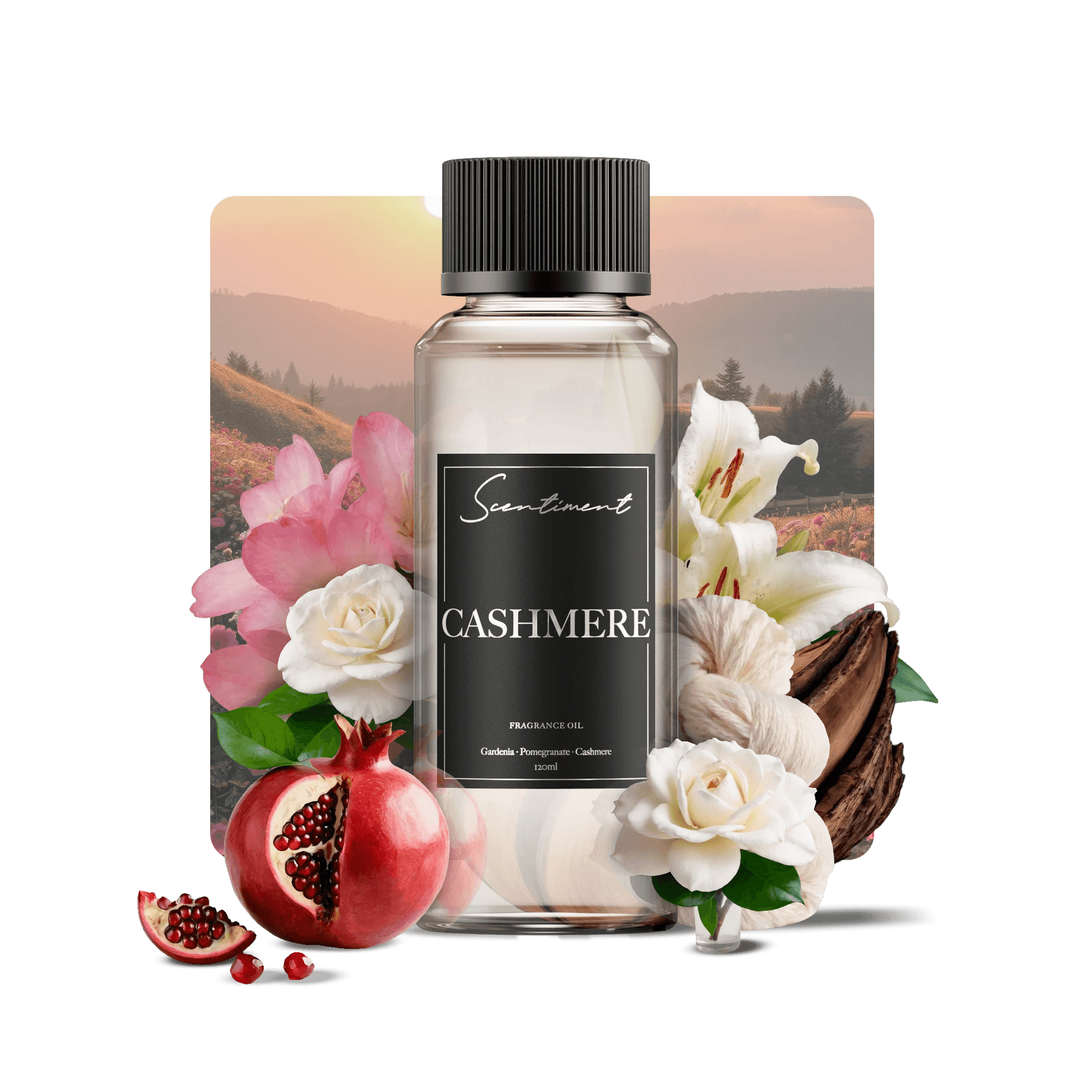 Cashmere Fragrance Oil with notes of Gardenia, Freesia, Pomegranate, Lily, Cashmere, Woods
