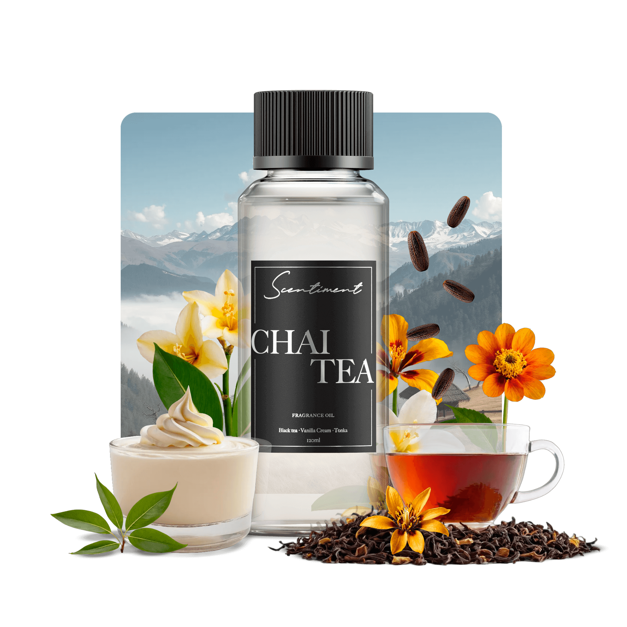 Chai Tea Fragrance Oil with notes of Warm Clove, Peppercorn, Black Tea, Rosehip, Cinnamon, Vanilla Cream, Tonka