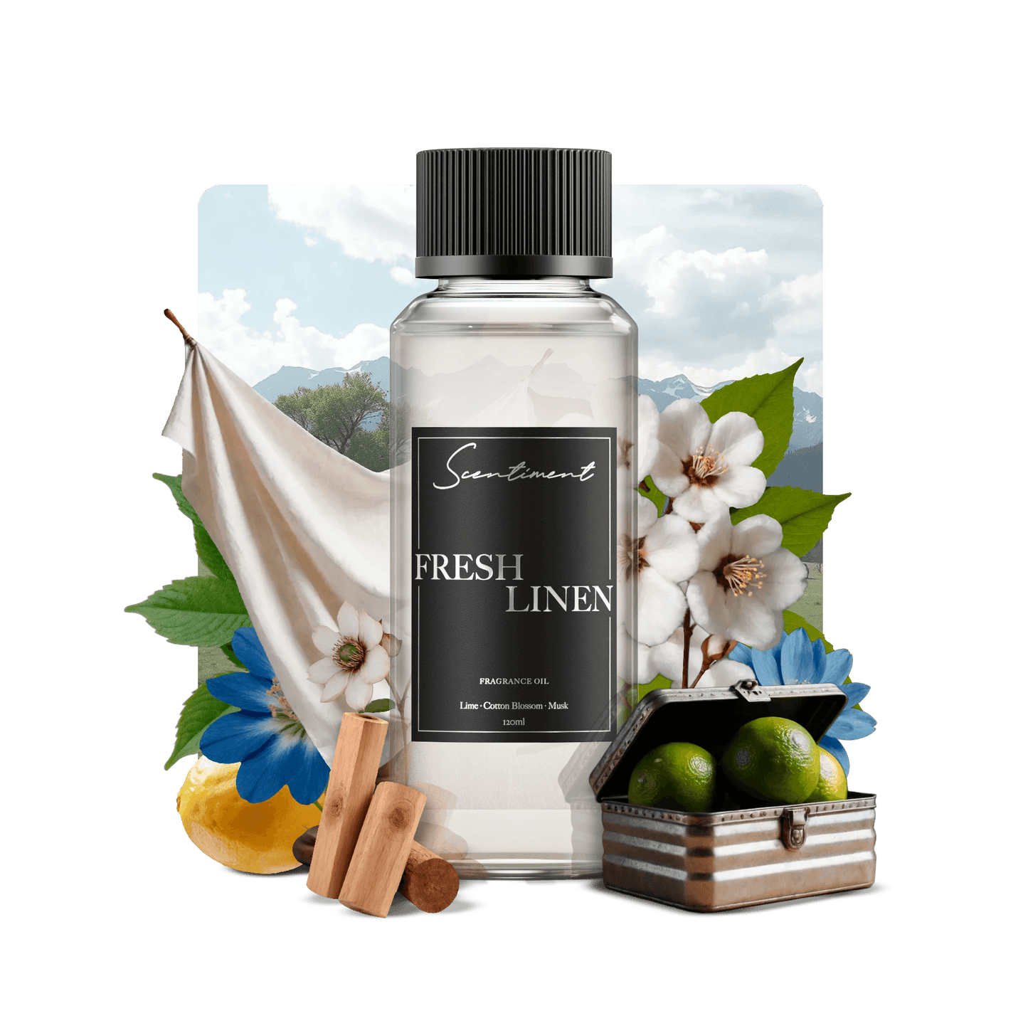 Fresh Linen Fragrance Oil with the notes of Lemon, Lime, Jasmine, Cotton Blossom, Sheer Musk, Blonde Woods