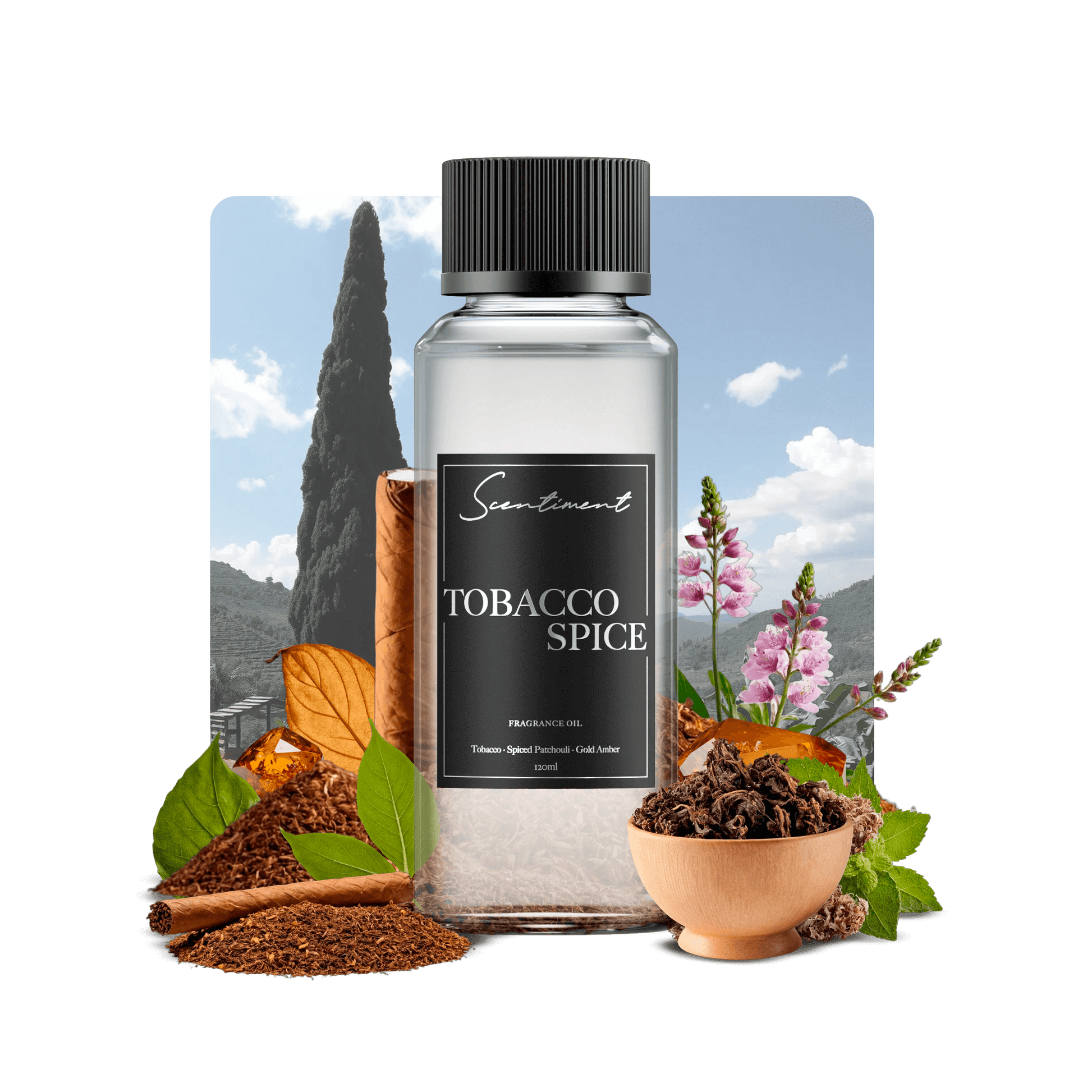 Tobacco Spice Fragrance Oil with notes of Hay, Tobacco, Spiced Patchouli, Cedarwood, Vetiver, Musk, Gold Amber