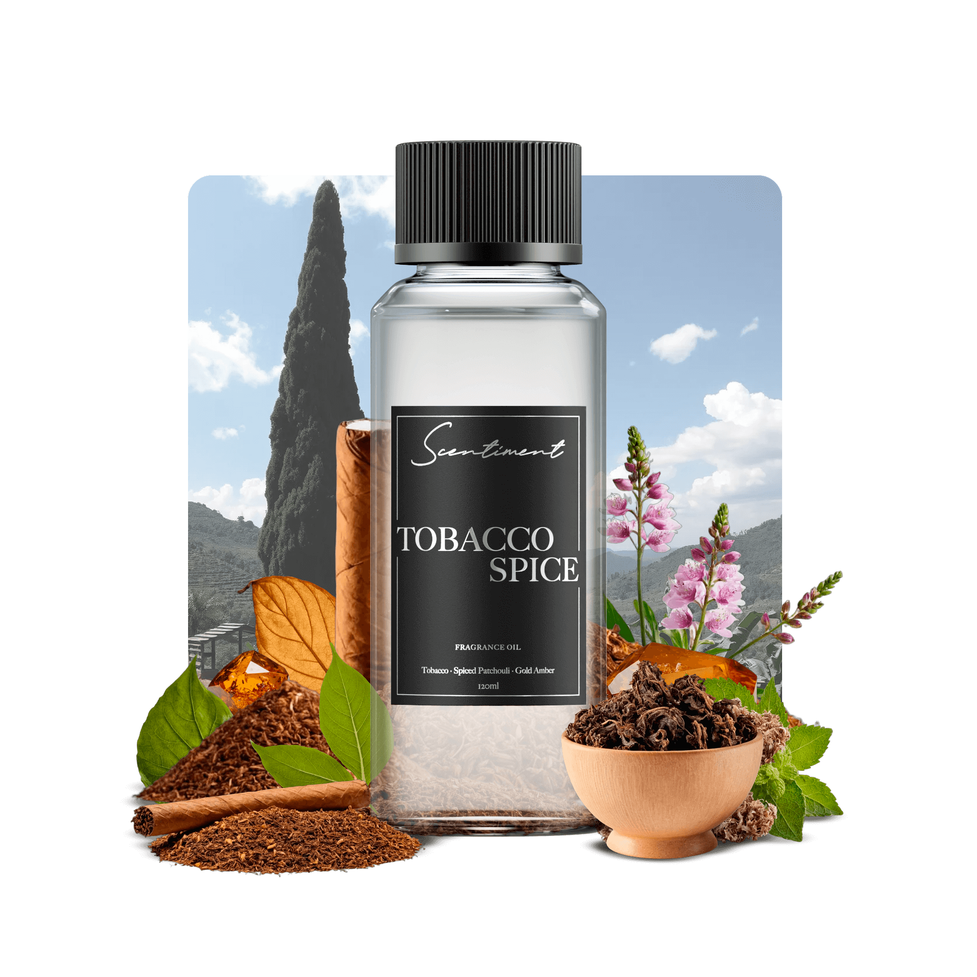 Tobacco Spice Fragrance Oil with notes of Hay, Tobacco, Spiced Patchouli, Cedarwood, Vetiver, Musk, Gold Amber