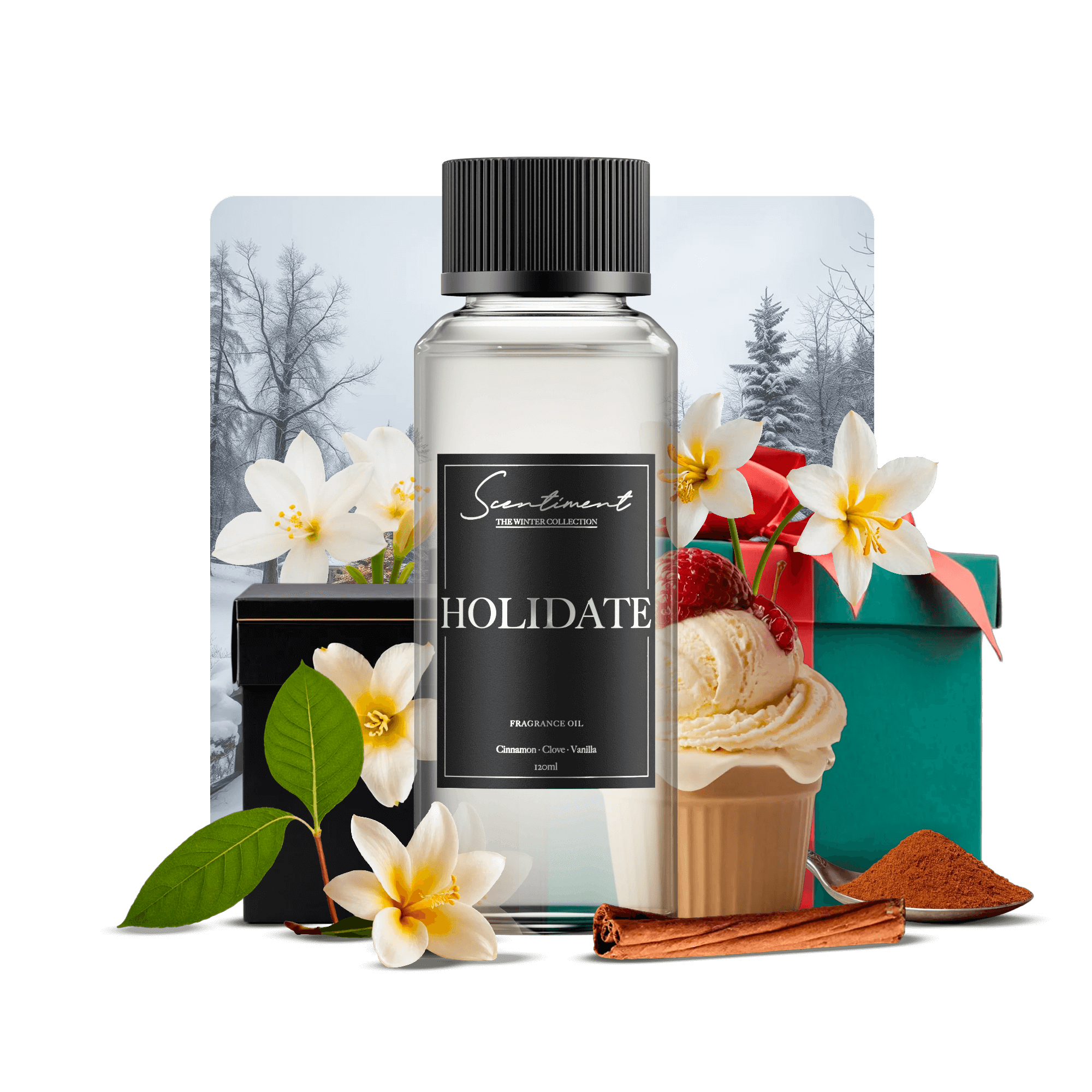 Holidate Fragrance Oil with notes of Cinnamon, Clove, Vanilla, Spice